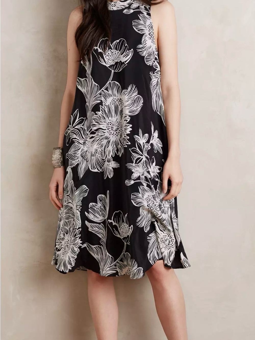 Maeve Larkhill Floral Black and White Silk Swing Dress size Small P